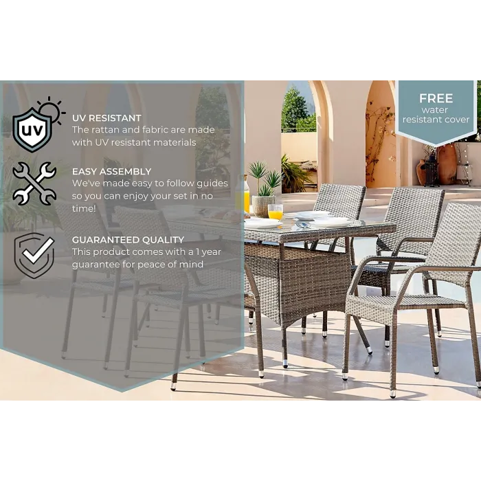 FurnitureboxUK Antigua Outdoor Rattan Dining Set - 6 Seat Grey Garden Dining Table & Outdoor Chairs For Patio & Deck- Free Cover