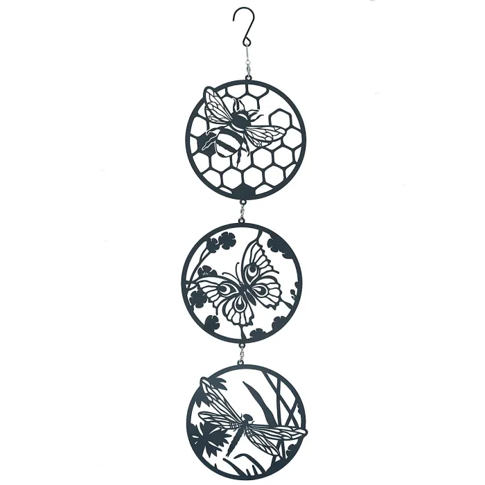 Hanging Black Butterfly, Bee & Dragonfly Silhouette Trio Spinner Garden Decor