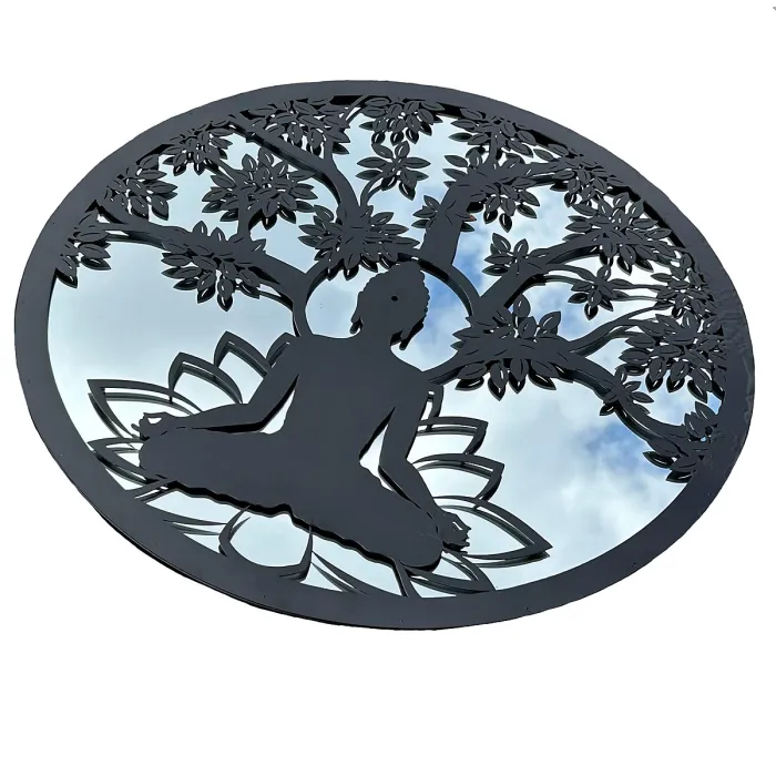Black Metal Round Buddha Tree Mirror Wall Art Garden Home Gift