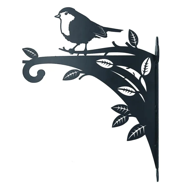 Black Metal Robin On A Branch Hanging Basket Feeder Bracket Garden Home