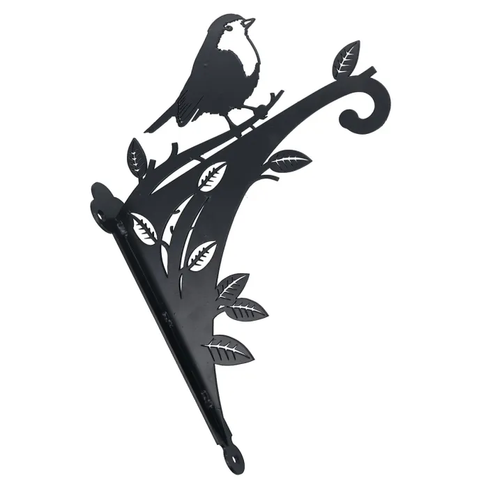 Black Metal Robin On A Branch Hanging Basket Feeder Bracket Garden Home