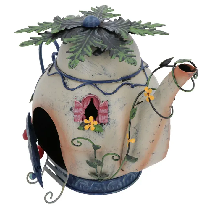 Fairy Teapot House Metal Statue Sculpture Home Decor Ornament Garden Yard