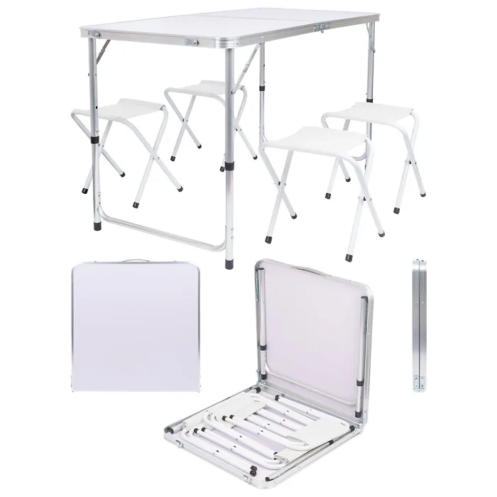Harbour Housewares 5pc Height Adjustable Folding Picnic Table & Chairs Set - White - Portable Outdoor Garden Camping Furniture