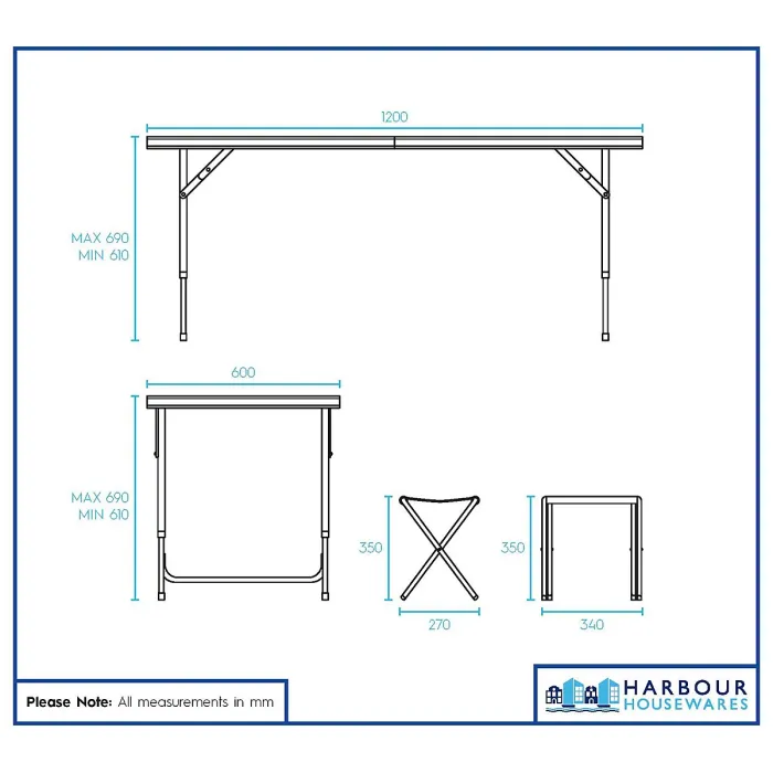 Harbour Housewares 5pc Height Adjustable Folding Picnic Table & Chairs Set - White - Portable Outdoor Garden Camping Furniture