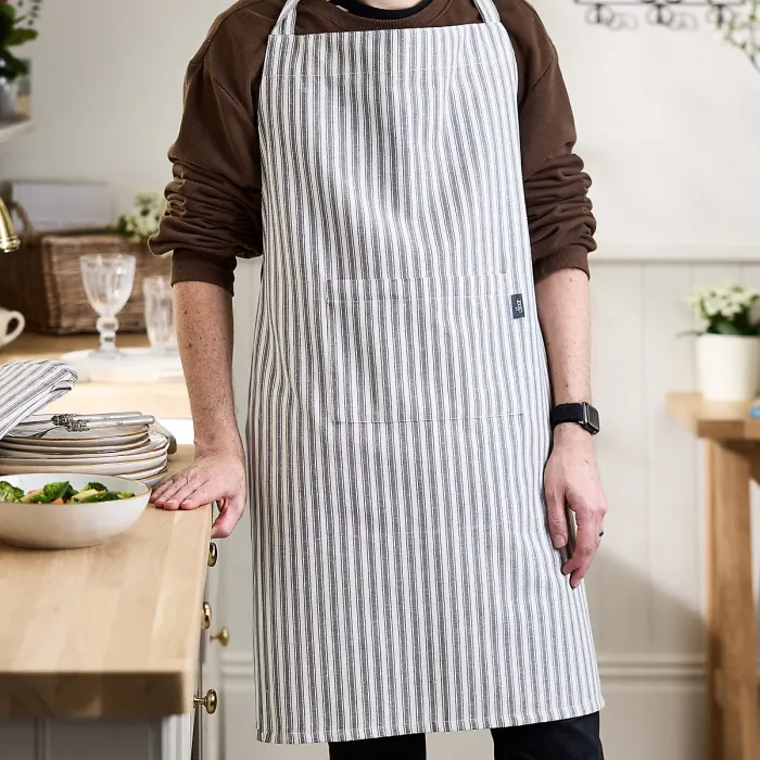 Traditional Style Grey Cotton Stripe Cooking Kitchen Apron, Chef Apron, Kitchen Linen Garden BBQ Apron