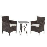 EVRE Copenhagen Brown Outdoor Rattan Bistro Set 3Pcs Wicker Table & Chairs Furniture Cushions Glass Table - NEXT DAY INC WEEKEND