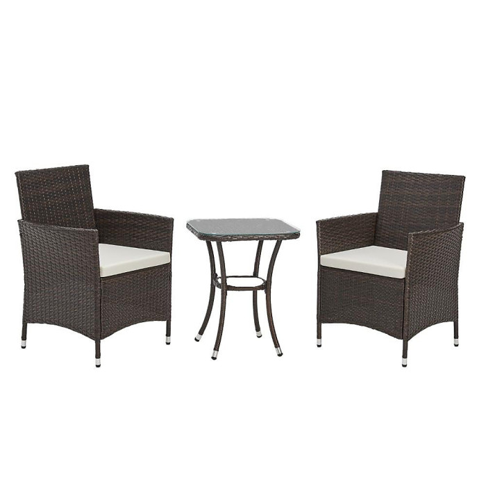 EVRE Copenhagen Brown Outdoor Rattan Bistro Set 3Pcs Wicker Table & Chairs Furniture Cushions Glass Table - NEXT DAY INC WEEKEND