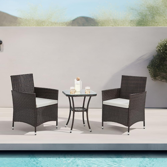 EVRE Copenhagen Brown Outdoor Rattan Bistro Set 3Pcs Wicker Table & Chairs Furniture Cushions Glass Table - NEXT DAY INC WEEKEND