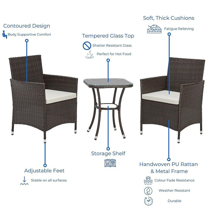 EVRE Copenhagen Brown Outdoor Rattan Bistro Set 3Pcs Wicker Table & Chairs Furniture Cushions Glass Table - NEXT DAY INC WEEKEND