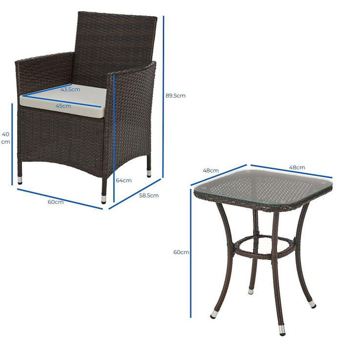 EVRE Copenhagen Brown Outdoor Rattan Bistro Set 3Pcs Wicker Table & Chairs Furniture Cushions Glass Table - NEXT DAY INC WEEKEND