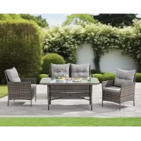 EVRE Brown Florence Garden Rattan Furniture Dining Set 4 Piece Seat Sofa Chair Outdoor Wicker Glass Top Table with Cushions