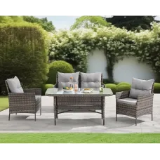 EVRE Brown Florence Garden Rattan Furniture Dining Set 4 Piece Seat Sofa Chair Outdoor Wicker Glass Top Table with Cushions
