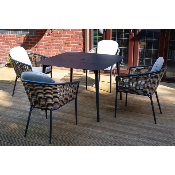 SH&G Bolingbroke 4 Seat Garden Furniture Set - 4 Piece Square Table & Chairs - Aluminium & Brown Rattan with Beige Cushions