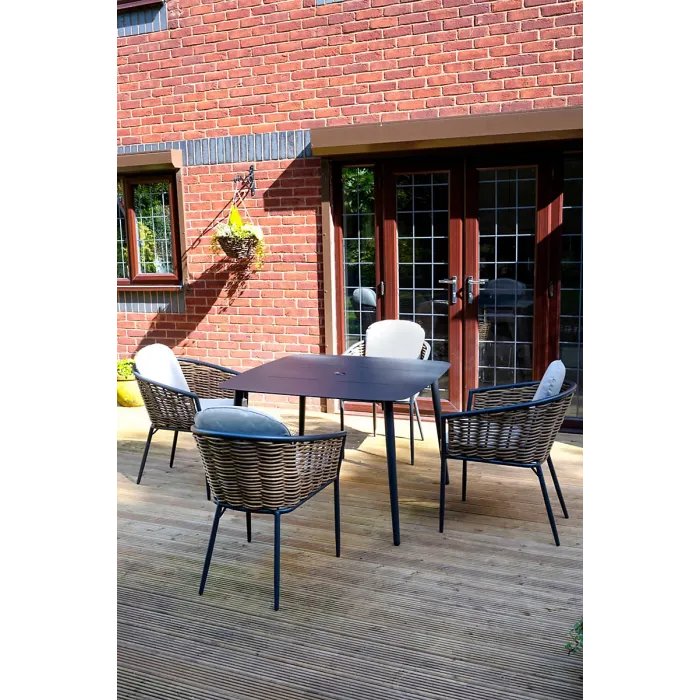 SH&G Bolingbroke 4 Seat Garden Furniture Set - 4 Piece Square Table & Chairs - Aluminium & Brown Rattan with Beige Cushions