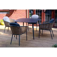 SH&G Bolingbroke 4 Seat Garden Furniture Set - 4 Piece Square Table & Chairs - Aluminium & Brown Rattan with Grey Cushions