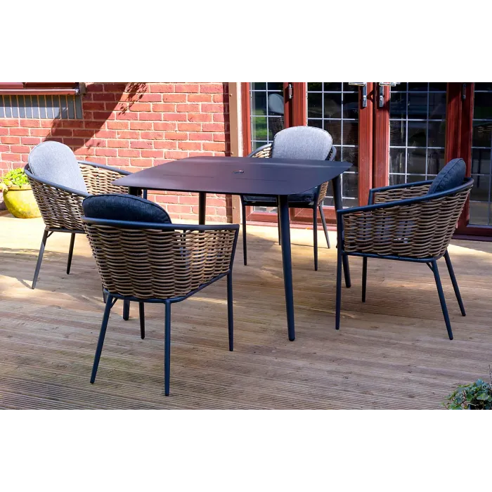 SH&G Bolingbroke 4 Seat Garden Furniture Set - 4 Piece Square Table & Chairs - Aluminium & Brown Rattan with Grey Cushions