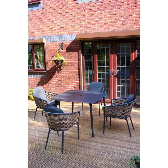 SH&G Bolingbroke 4 Seat Garden Furniture Set - 4 Piece Square Table & Chairs - Aluminium & Brown Rattan with Grey Cushions