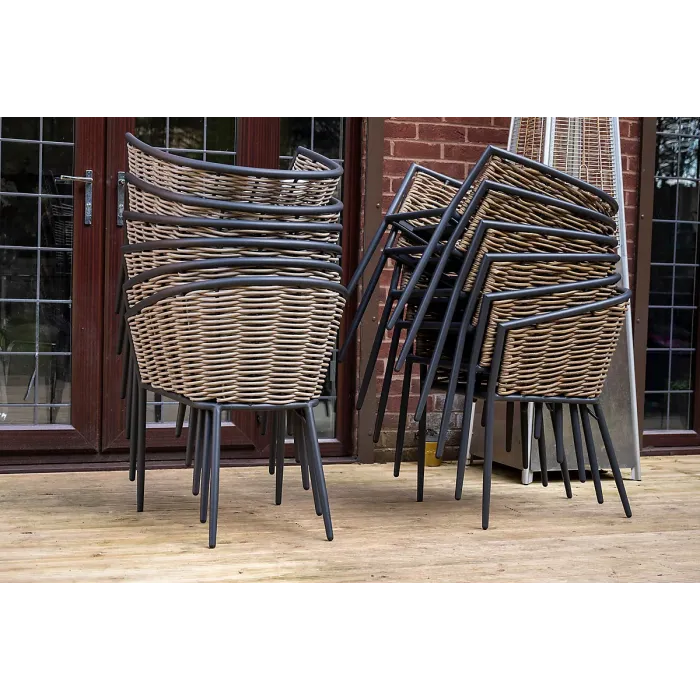 SH&G Bolingbroke 4 Seat Garden Furniture Set - 4 Piece Square Table & Chairs - Aluminium & Brown Rattan with Grey Cushions
