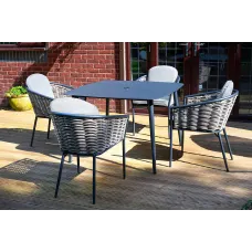 SH&G Bolingbroke 4 Seat Garden Furniture Set - 4 Piece Square Table & Chairs - Aluminium & Grey Rattan with Beige Cushions