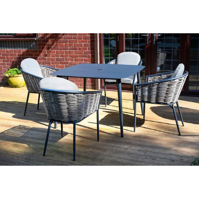 SH&G Bolingbroke 4 Seat Garden Furniture Set - 4 Piece Square Table & Chairs - Aluminium & Grey Rattan with Beige Cushions