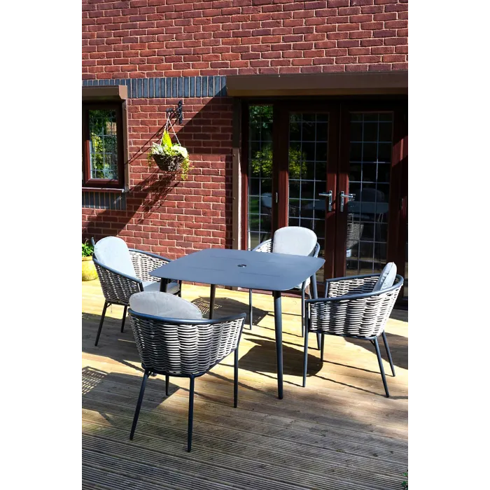 SH&G Bolingbroke 4 Seat Garden Furniture Set - 4 Piece Square Table & Chairs - Aluminium & Grey Rattan with Beige Cushions