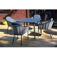 SH&G Bolingbroke 4 Seat Garden Furniture Set - 4 Piece Square Table & Chairs - Aluminium & Grey Rattan with Grey Cushions