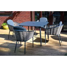 SH&G Bolingbroke 4 Seat Garden Furniture Set - 4 Piece Square Table & Chairs - Aluminium & Grey Rattan with Grey Cushions