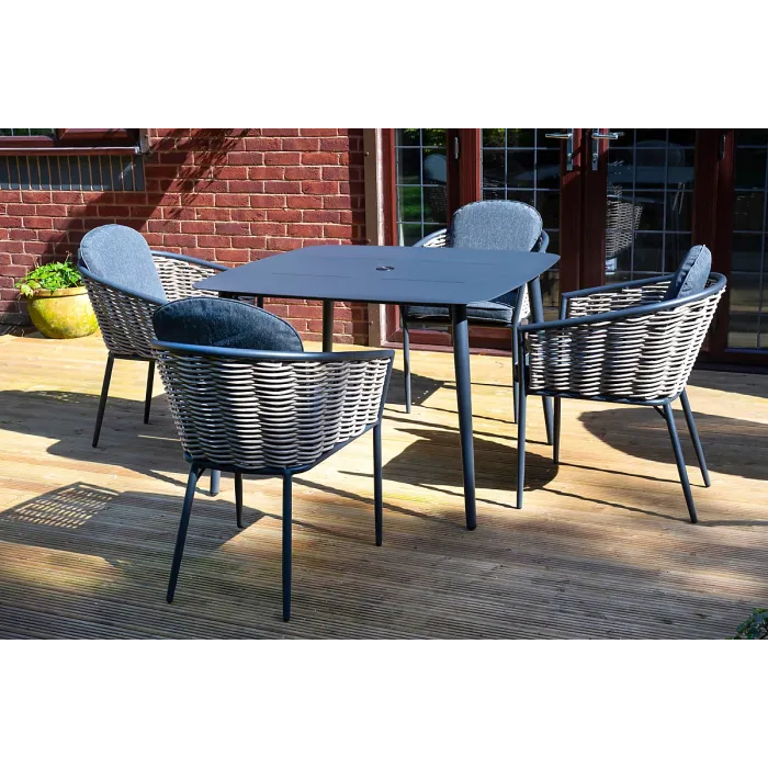 SH&G Bolingbroke 4 Seat Garden Furniture Set - 4 Piece Square Table & Chairs - Aluminium & Grey Rattan with Grey Cushions