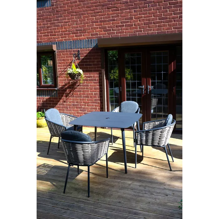 SH&G Bolingbroke 4 Seat Garden Furniture Set - 4 Piece Square Table & Chairs - Aluminium & Grey Rattan with Grey Cushions