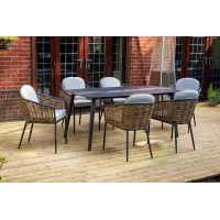 SH&G Bolingbroke 6 Seat Dining Table Set - 7 Piece Dining Table & Chairs - Aluminium & Brown Rattan with Beige Cushions - Outdoor