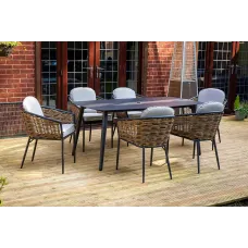 SH&G Bolingbroke 6 Seat Dining Table Set - 7 Piece Dining Table & Chairs - Aluminium & Brown Rattan with Beige Cushions - Outdoor