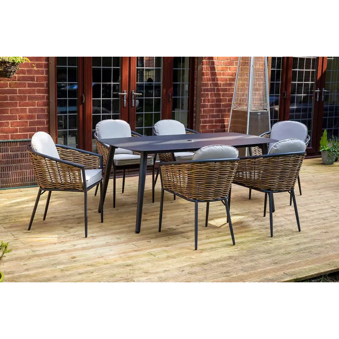 SH&G Bolingbroke 6 Seat Dining Table Set - 7 Piece Dining Table & Chairs - Aluminium & Brown Rattan with Beige Cushions - Outdoor