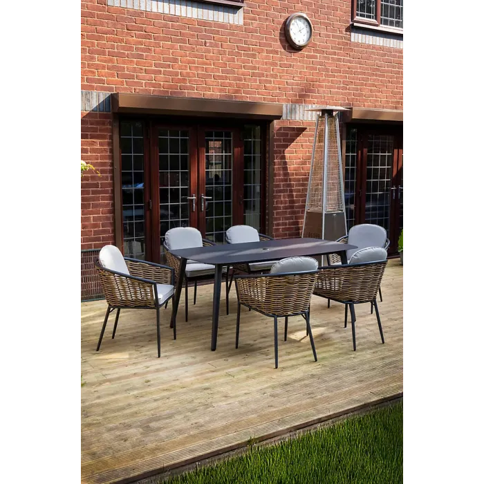 SH&G Bolingbroke 6 Seat Dining Table Set - 7 Piece Dining Table & Chairs - Aluminium & Brown Rattan with Beige Cushions - Outdoor