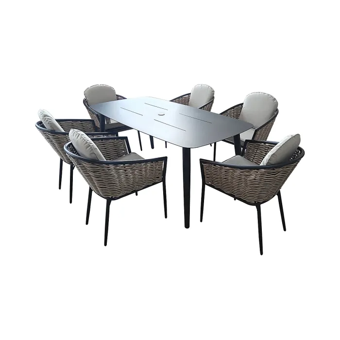 SH&G Bolingbroke 6 Seat Dining Table Set - 7 Piece Dining Table & Chairs - Aluminium & Brown Rattan with Beige Cushions - Outdoor