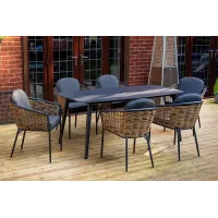 SH&G Bolingbroke 6 Seat Dining Table Set - 7 Piece Dining Table & Chairs - Aluminium & Brown Rattan with Grey Cushions - Outdoor
