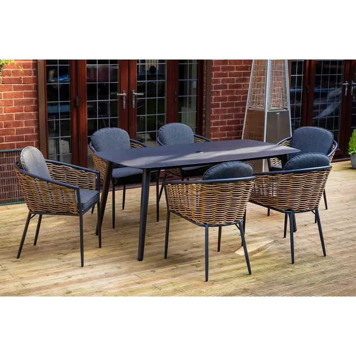 SH&G Bolingbroke 6 Seat Dining Table Set - 7 Piece Dining Table & Chairs - Aluminium & Brown Rattan with Grey Cushions - Outdoor