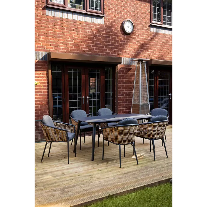 SH&G Bolingbroke 6 Seat Dining Table Set - 7 Piece Dining Table & Chairs - Aluminium & Brown Rattan with Grey Cushions - Outdoor