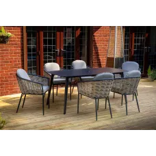 SH&G Bolingbroke 6 Seat Dining Table Set - 7 Piece Dining Table & Chairs - Aluminium & Grey Rattan with Beige Cushions - Outdoor