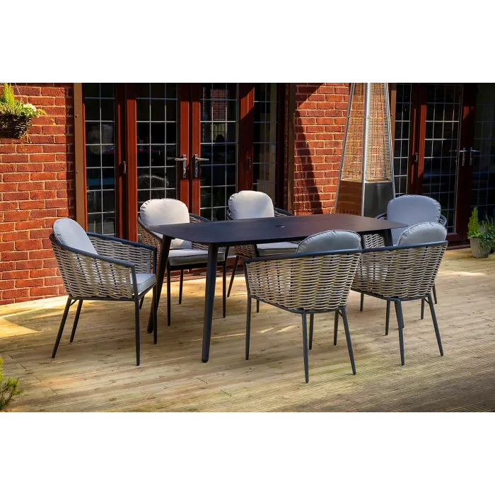 SH&G Bolingbroke 6 Seat Dining Table Set - 7 Piece Dining Table & Chairs - Aluminium & Grey Rattan with Beige Cushions - Outdoor