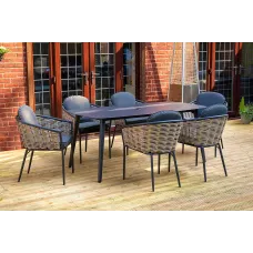 SH&G Bolingbroke 6 Seat Dining Table Set - 7 Piece Dining Table & Chairs - Aluminium & Grey Rattan with Grey Cushions - Outdoor