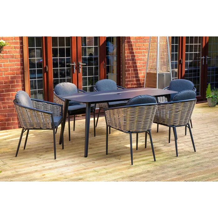 SH&G Bolingbroke 6 Seat Dining Table Set - 7 Piece Dining Table & Chairs - Aluminium & Grey Rattan with Grey Cushions - Outdoor