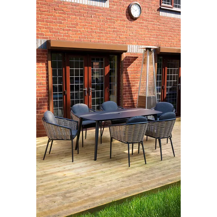 SH&G Bolingbroke 6 Seat Dining Table Set - 7 Piece Dining Table & Chairs - Aluminium & Grey Rattan with Grey Cushions - Outdoor