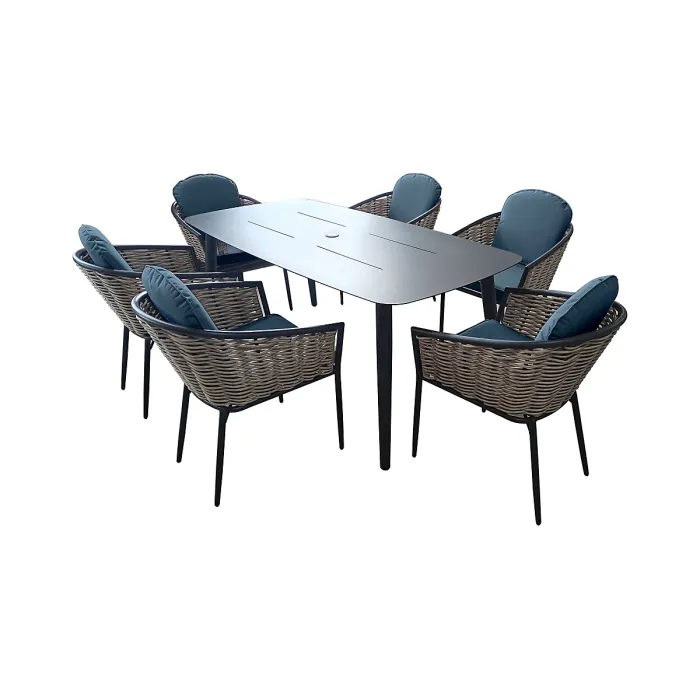SH&G Bolingbroke 6 Seat Dining Table Set - 7 Piece Dining Table & Chairs - Aluminium & Grey Rattan with Grey Cushions - Outdoor