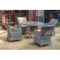 SH&G Tintagel 4 Seat Dining Table Set - 5 Piece Round Table & Chairs - Aluminium & Grey Rattan with Light Grey Cushions - Outdoor