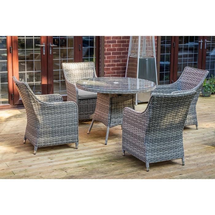 SH&G Tintagel 4 Seat Dining Table Set - 5 Piece Round Table & Chairs - Aluminium & Grey Rattan with Light Grey Cushions - Outdoor
