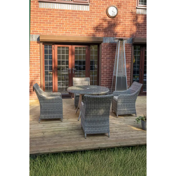 SH&G Tintagel 4 Seat Dining Table Set - 5 Piece Round Table & Chairs - Aluminium & Grey Rattan with Light Grey Cushions - Outdoor