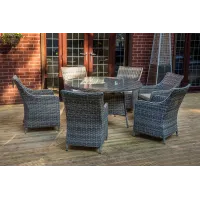 SH&G Tintagel 6 Seat Dining Table Set - 7 Piece Round Table & Chairs - Aluminium & Grey Rattan with Light Grey Cushions - Outdoor