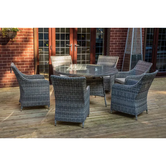 SH&G Tintagel 6 Seat Dining Table Set - 7 Piece Round Table & Chairs - Aluminium & Grey Rattan with Light Grey Cushions - Outdoor