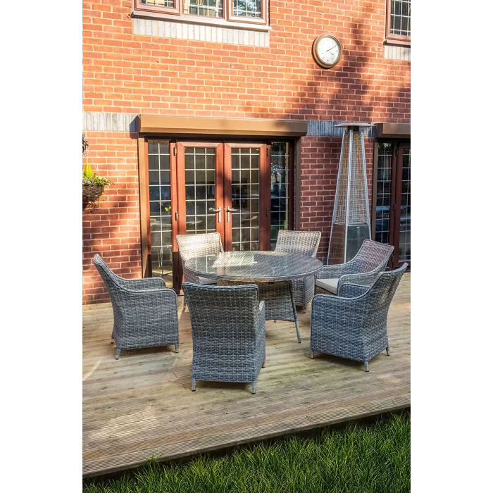 SH&G Tintagel 6 Seat Dining Table Set - 7 Piece Round Table & Chairs - Aluminium & Grey Rattan with Light Grey Cushions - Outdoor