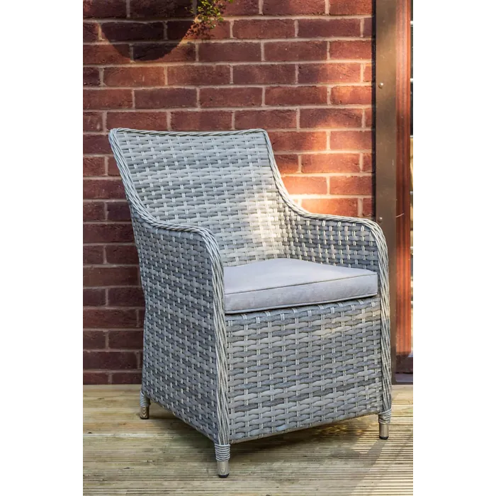 SH&G Tintagel 6 Seat Dining Table Set - 7 Piece Round Table & Chairs - Aluminium & Grey Rattan with Light Grey Cushions - Outdoor